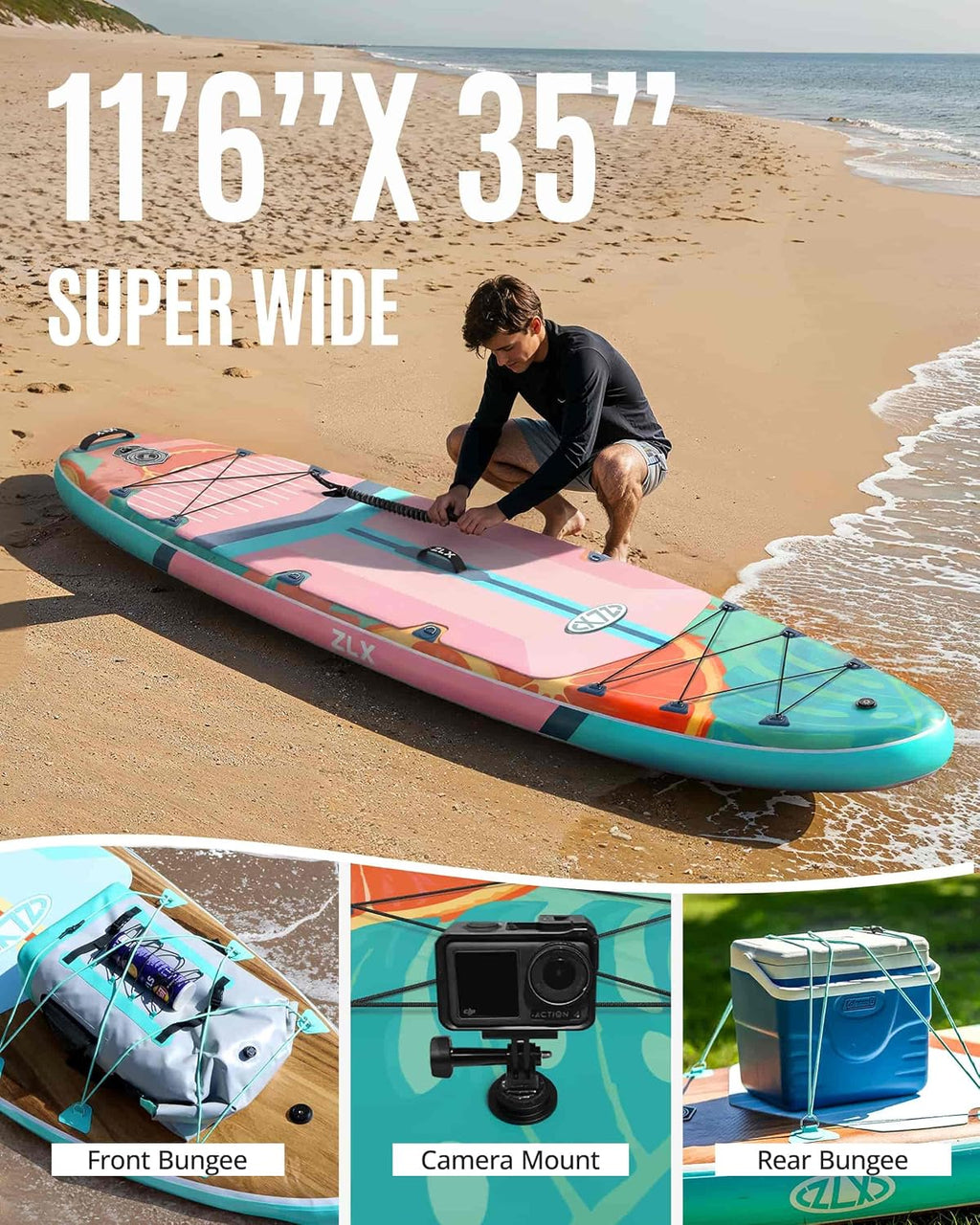 ZLX 11'6'x35' Ultra Wide Inflatable Stand Up Paddle Board | Stable Non-Slip Deck Pad, Unique Fin System, Premium SUP Accessories & Backpack - Upgraded Pump for Adults, All Skill Levels