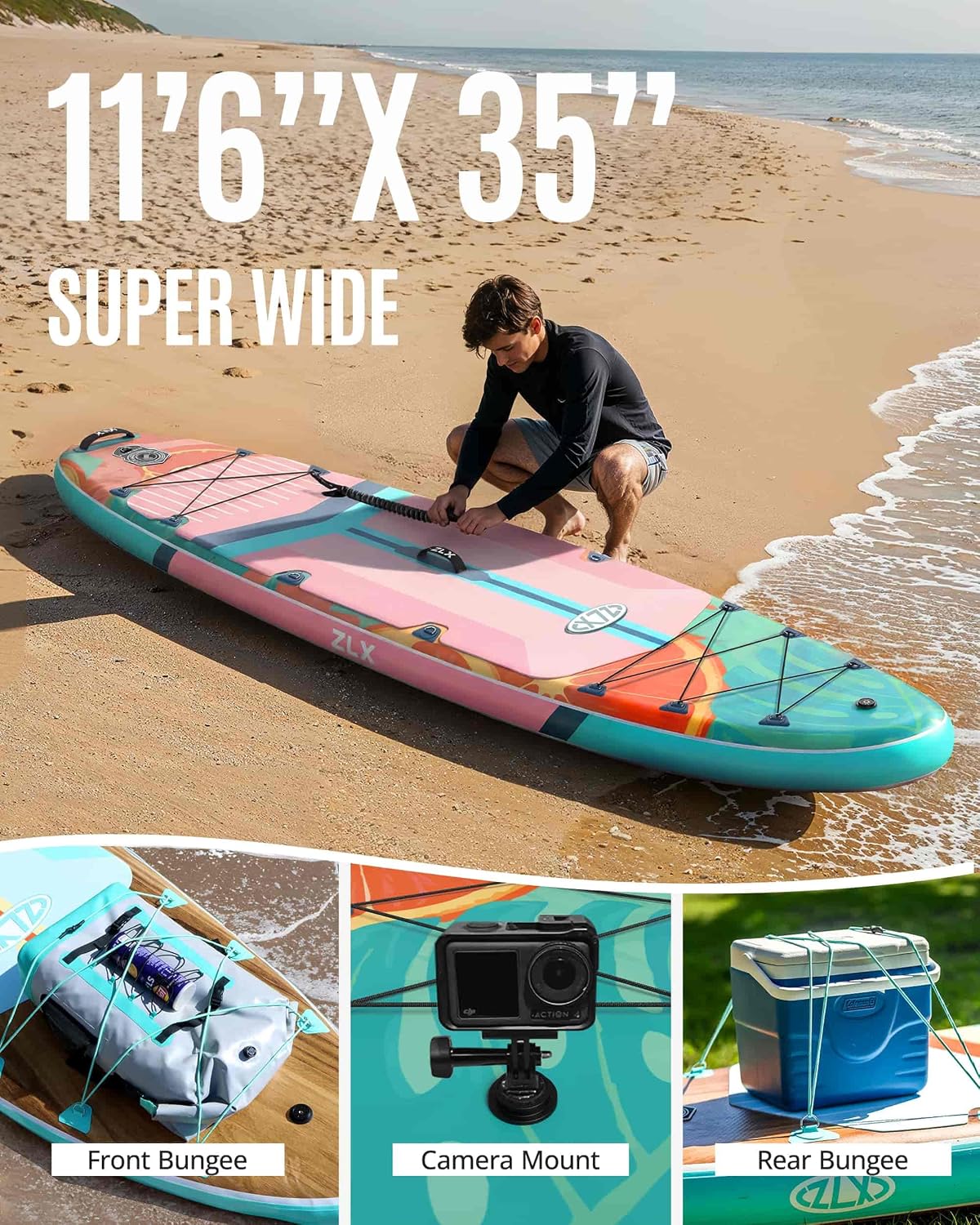 ZLX 11'6'x35' Ultra Wide Inflatable Stand Up Paddle Board | Stable Non-Slip Deck Pad, Unique Fin System, Premium SUP Accessories & Backpack - Upgraded Pump for Adults, All Skill Levels
