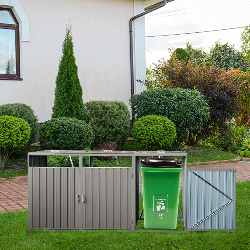 Outdoor Trash Can Storage, Storage Shed for 3 Trash cans and Tools,Waterproof Garbage Bin shed,Metal Trash Can Storage Shed Outdoor for Garden Yard(Light Grey-3 Doors)