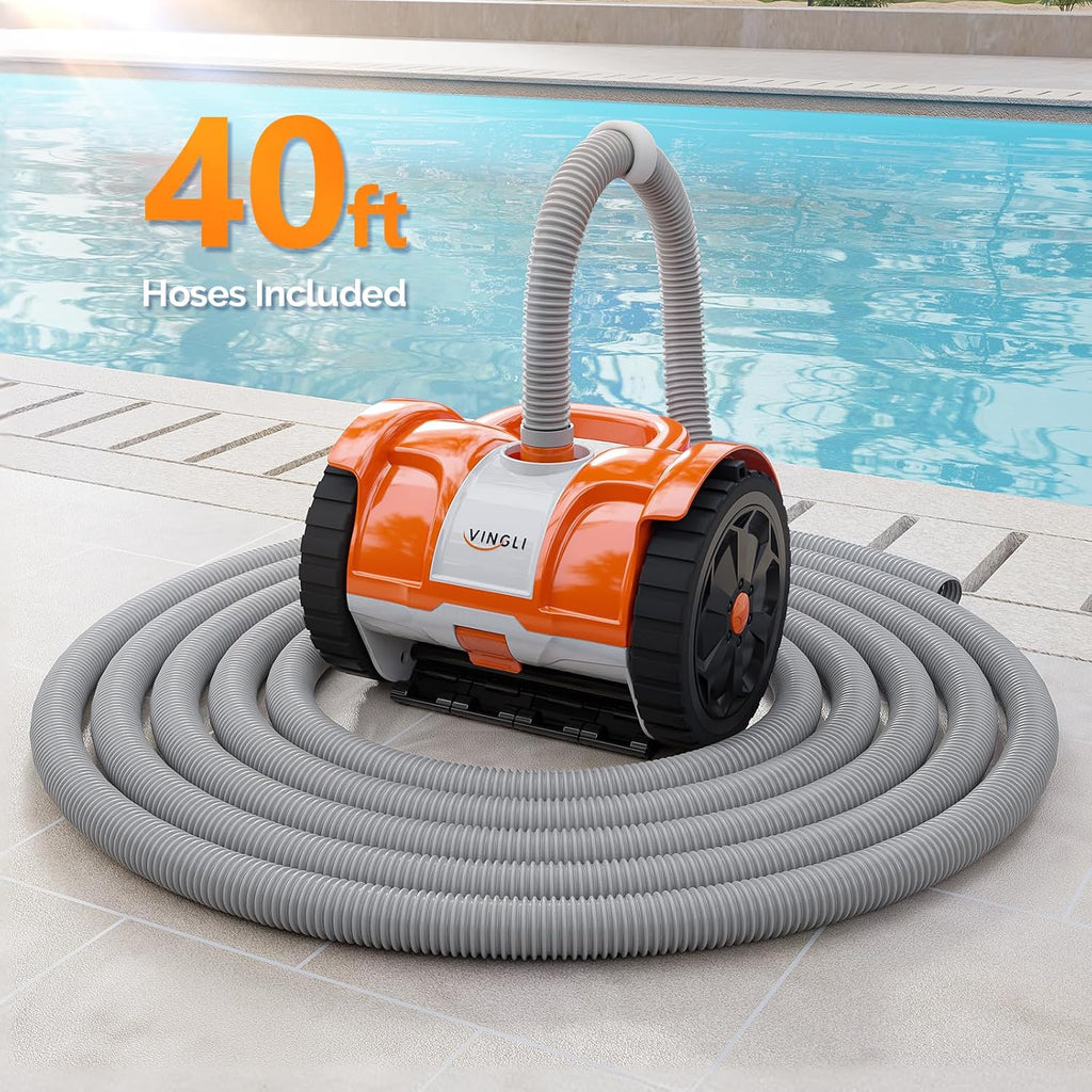 VINGLI Automatic Suction Pool Cleaner Robot for Inground Pools – Powerful Suction-Side Vacuum with 40FT Tangle-Free Pool Cleaner Hose - Ideal for Pool Cleaning Kits & Equipment, Rich Orange&Gray