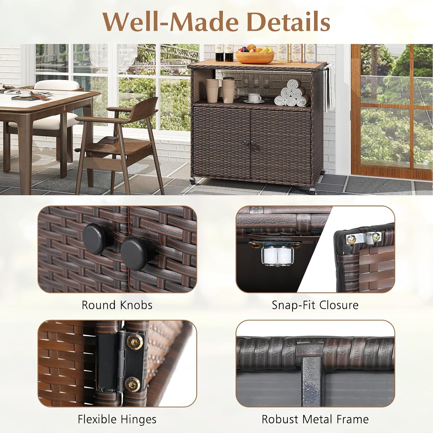 MAT EXPERT Wicker Outdoor Storage Cabinet, PE Rattan Buffet Cabinet w/Acacia Wood Countertop, Open Compartment & 2-Door Shelf, Patio Bar Cart w/Lockable Wheels for Kitchen, Garden, Backyard & Pool