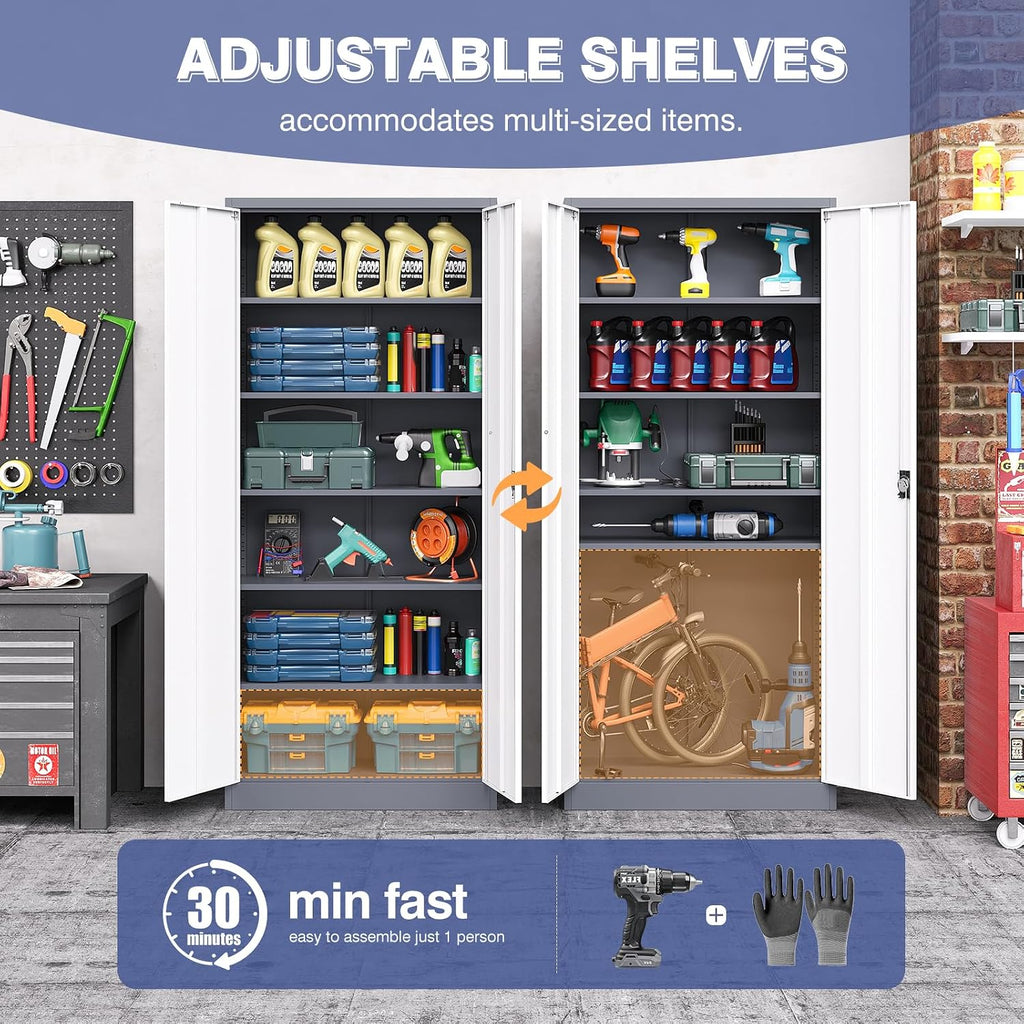 Metal Cabinet,Locking Storage Cabinet with 2 Doors and 5 Adjustbale Shelves,72' Tall Tool Steel Cabinets for Garage,Home Office,School,Gym(Grey & White)