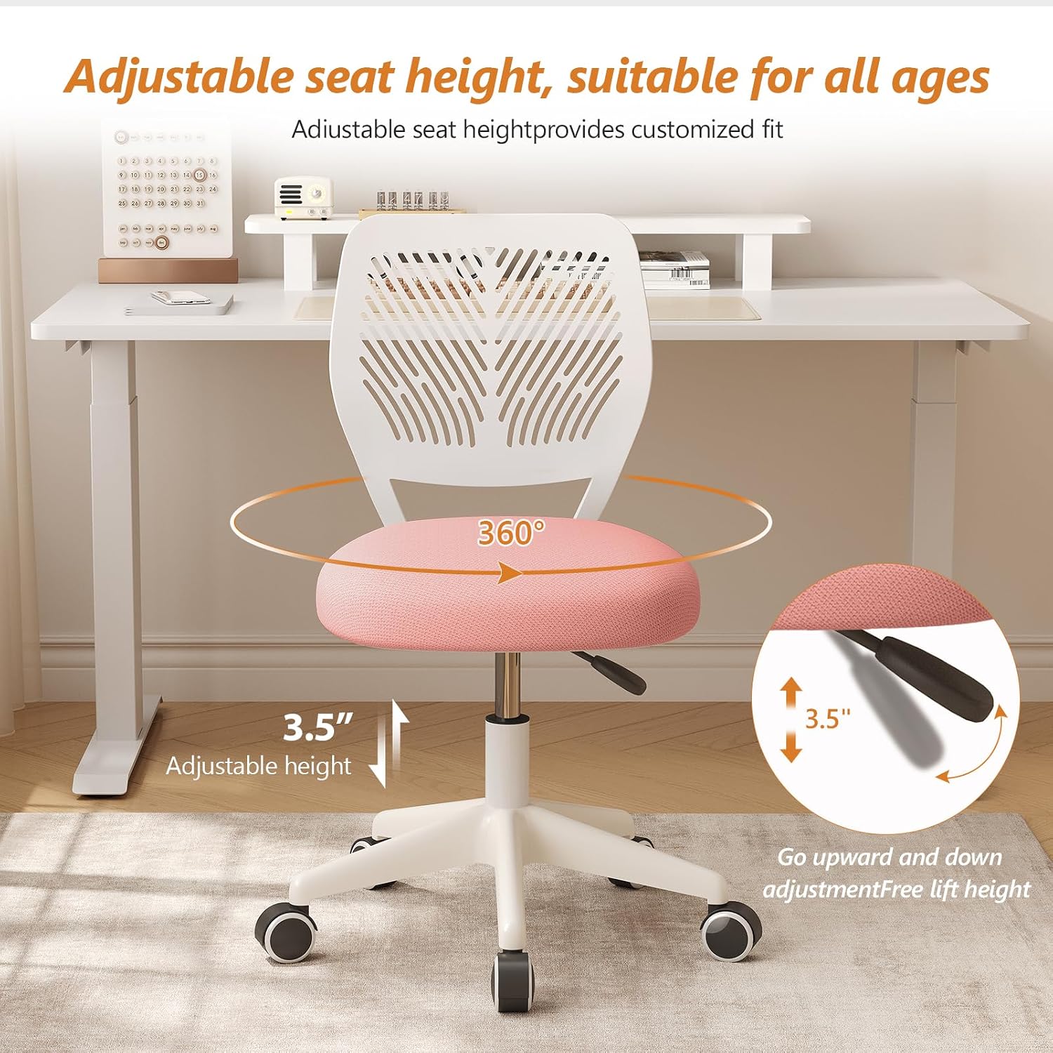 Armless Desk Chair Swivel Office Rolling Chair with Soft Padded Cushion, Height Adjustable Small Task Chair, Ergonomic Study Computer Chair for Kids Girls Boys Teens (Pink, 4PCS)