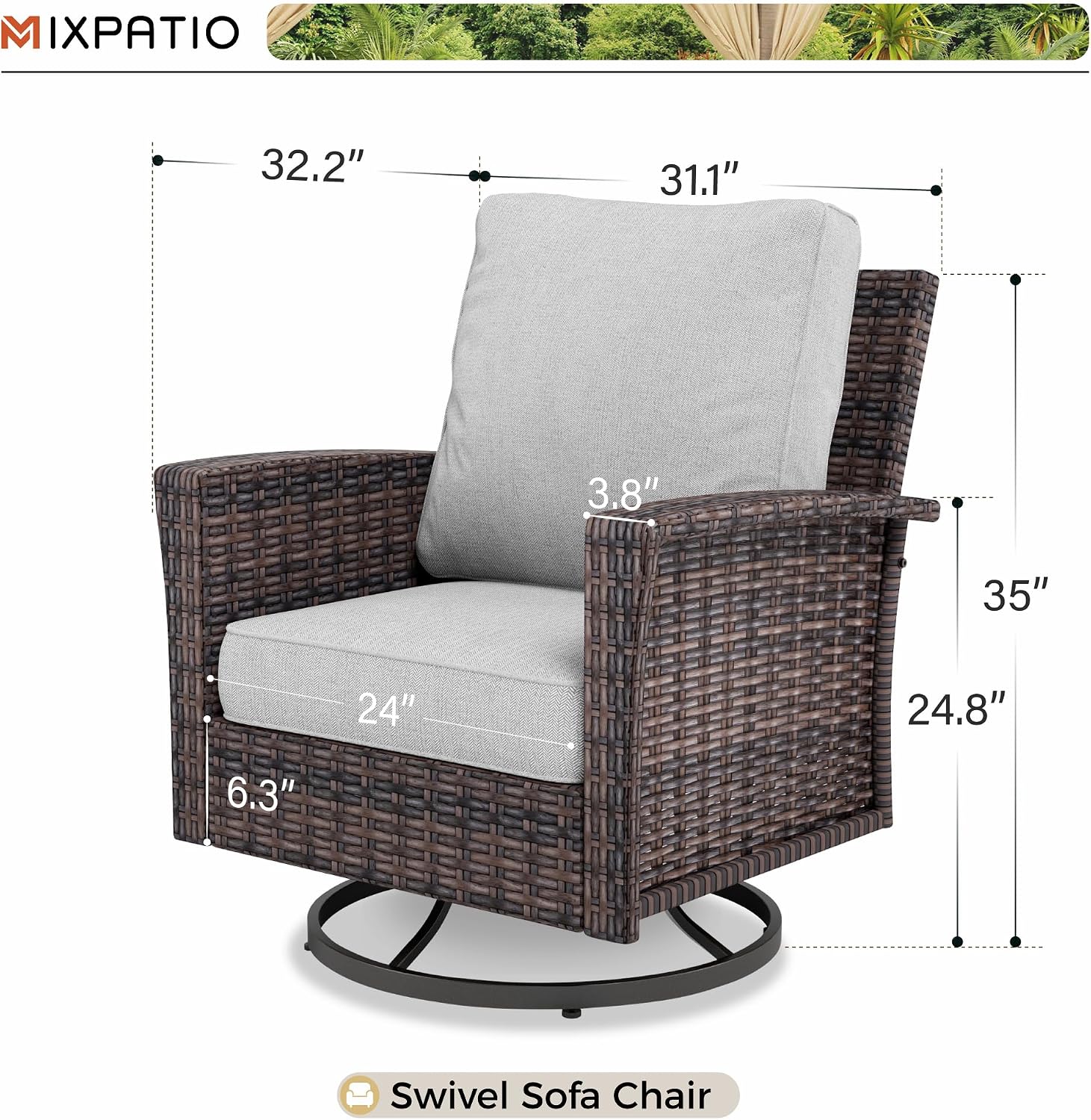 MIXPATIO Swivel Patio Wicker Chairs Set of 2, High Back Outdoor Swivel Patio Rattan Chairs with 5.5' Thick Cushions for Bistro Balcony Porch Deck and Yard, Light Grey