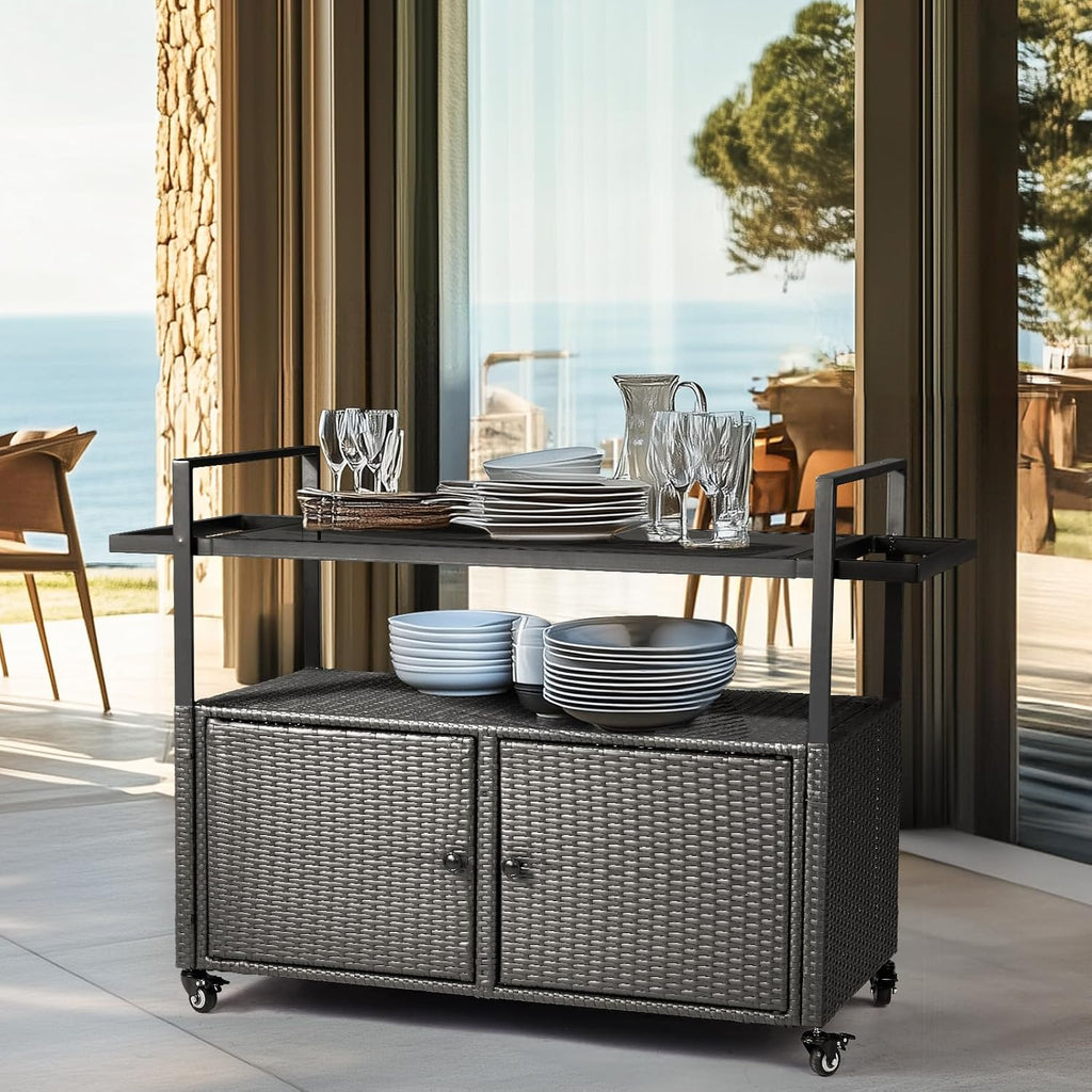 Outvita Patio Bar Table, Weatherproof Buffet Cabinet Wicker Outdoor Storage Cart with 2 Doors & Shelves Glass Tabletop for Tableware Wine Bottle and Glass, Towels, and Potting Supplies
