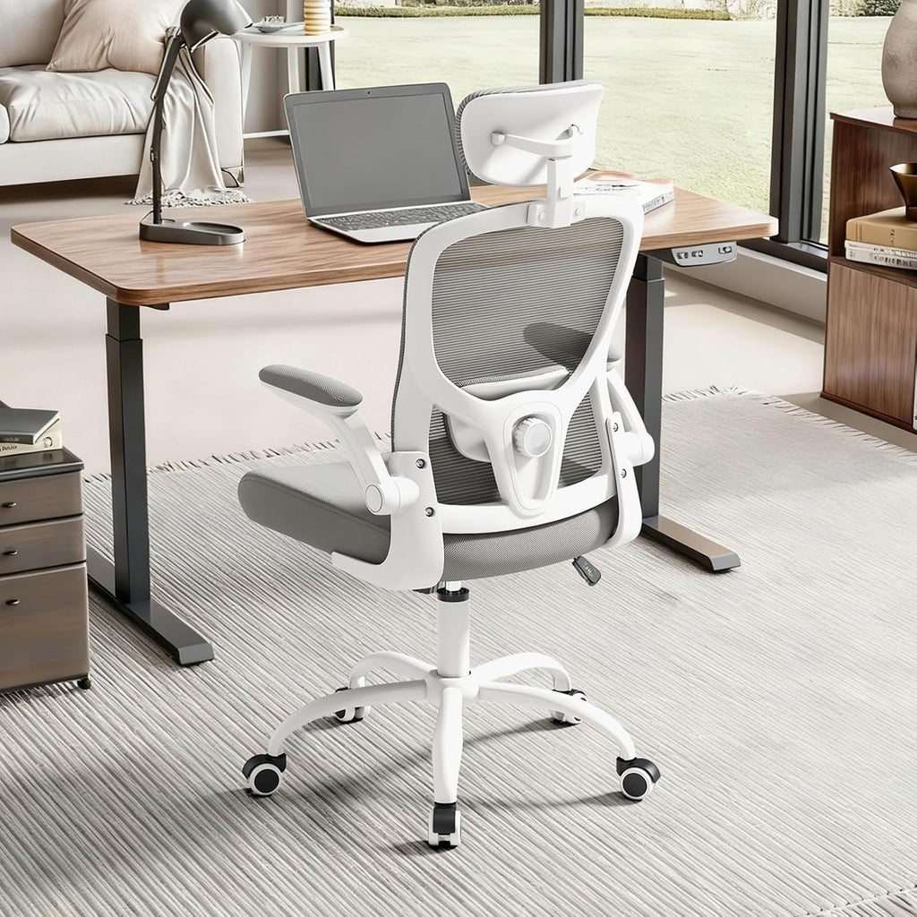 Ergonomic Chair for Office- Study Chair,300lb Gaming Chair, Mesh Comfortable High Back Chair, Headrest, Lumbar Support, Armrest, Comfy Seat for Man Woman(White-Grey6076)