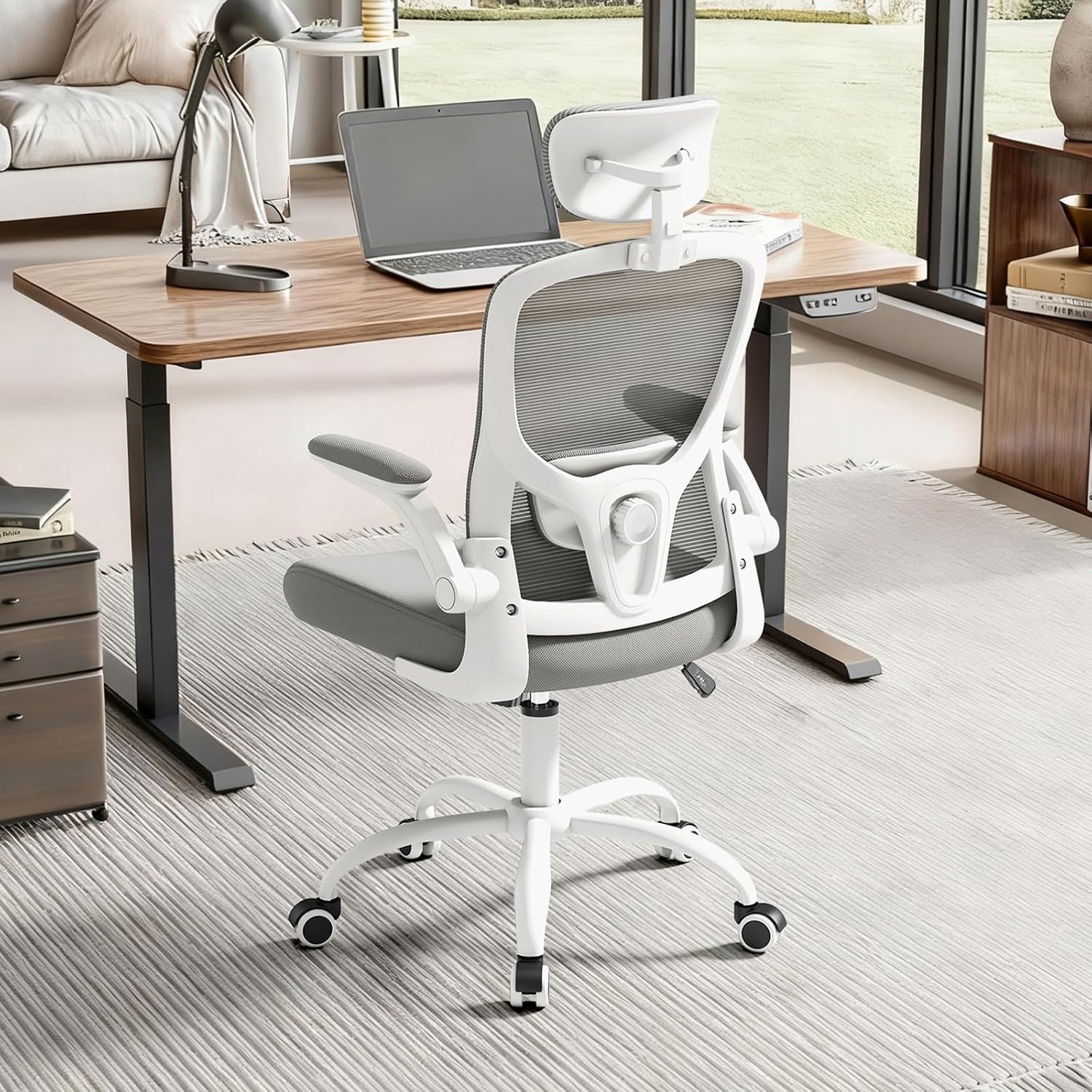 Ergonomic Chair for Office- Study Chair,300lb Gaming Chair, Mesh Comfortable High Back Chair, Headrest, Lumbar Support, Armrest, Comfy Seat for Man Woman(White-Grey6076)