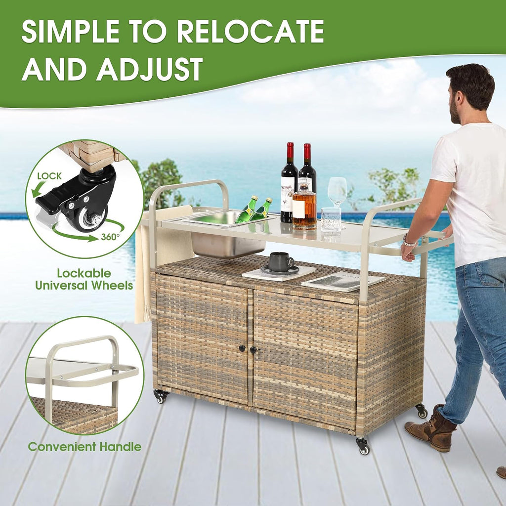 HOMEFUN Outdoor Kitchen Island Wicker Serving Console Cart & Grill Bar Table Waterproof with Wheels and Ice Bucket Backyard and BBQ Prep, Brown