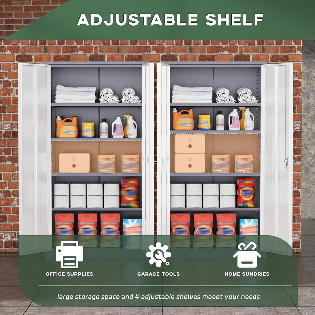 Greenvelly Metal Storage Cabinet with 2 Doors and 4 Adjustable Shelves, Lockable Steel Tool Cabinet for Home, Office, Garage, Classroom (Grey White)