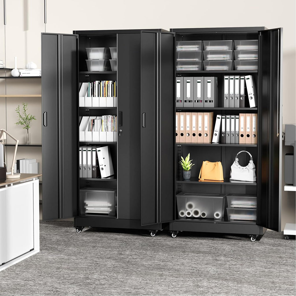 Greenvelly Metal Garage Storage Cabinet with Wheels, Black 73' Rolling Metal Cabinet with Locking Doors and Adjustable Shelves, Tool Organization with Wheels for Home,Kitchen,Office