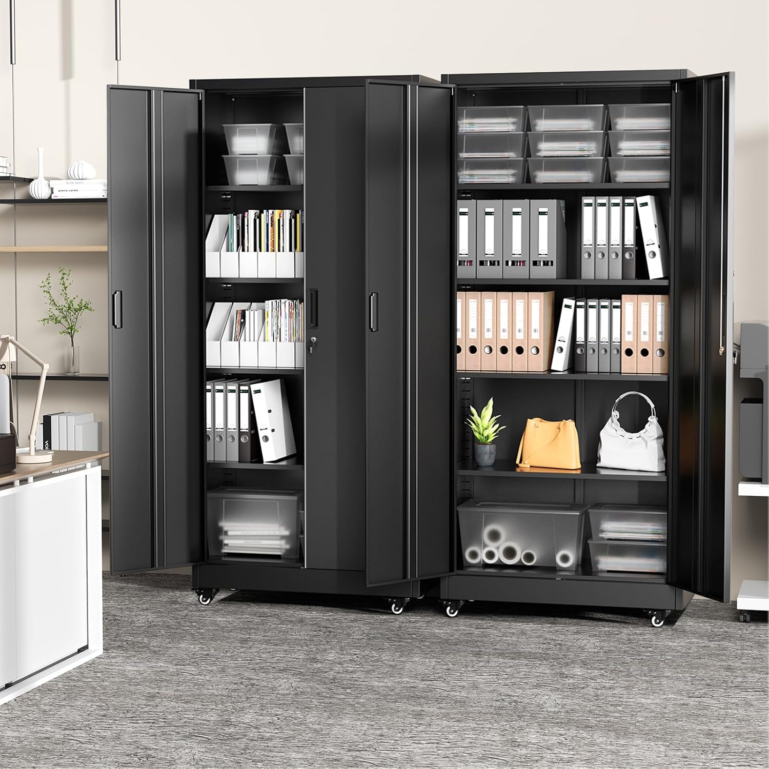 Greenvelly Metal Garage Storage Cabinet with Wheels, Black 73' Rolling Metal Cabinet with Locking Doors and Adjustable Shelves, Tool Organization with Wheels for Home,Kitchen,Office