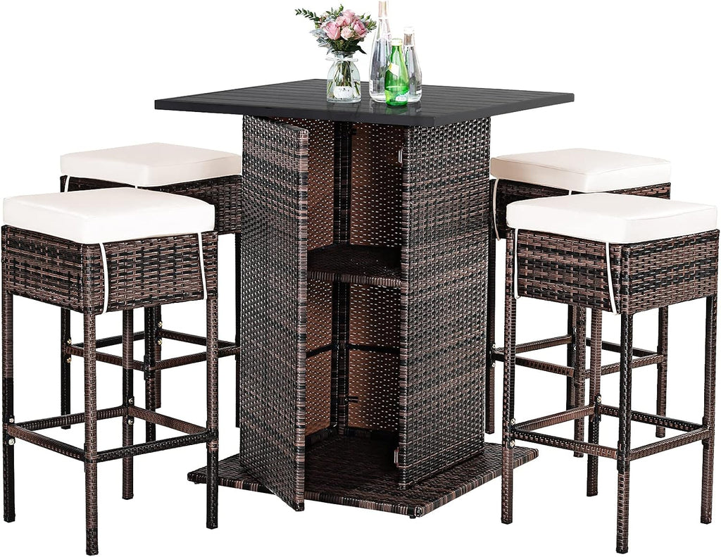 Tangkula 5 Piece Outdoor Rattan Bar Set, Patio Bar Furniture with 4 Cushions Stools and Smooth Top Table with Hidden Storage Shelf, Outdoor Conversation Set for Poolside, Backyard, Lawn