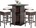 Tangkula 5 Piece Outdoor Rattan Bar Set, Patio Bar Furniture with 4 Cushions Stools and Smooth Top Table with Hidden Storage Shelf, Outdoor Conversation Set for Poolside, Backyard, Lawn