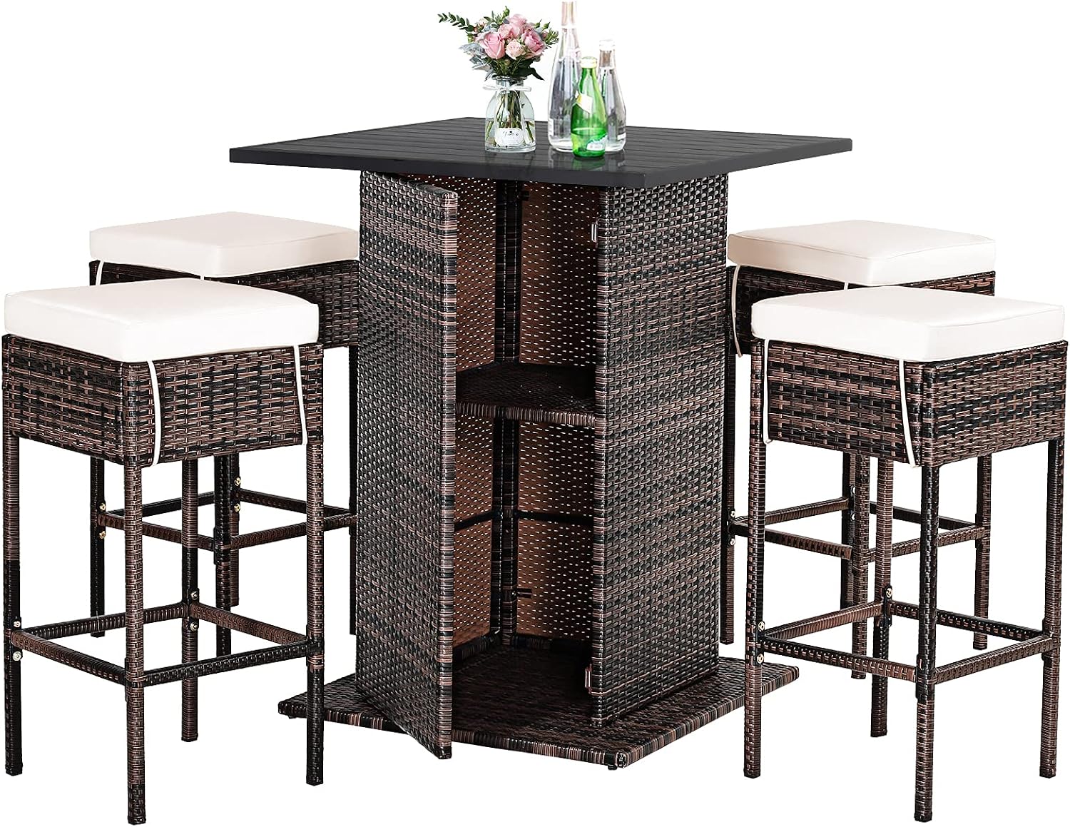 Tangkula 5 Piece Outdoor Rattan Bar Set, Patio Bar Furniture with 4 Cushions Stools and Smooth Top Table with Hidden Storage Shelf, Outdoor Conversation Set for Poolside, Backyard, Lawn