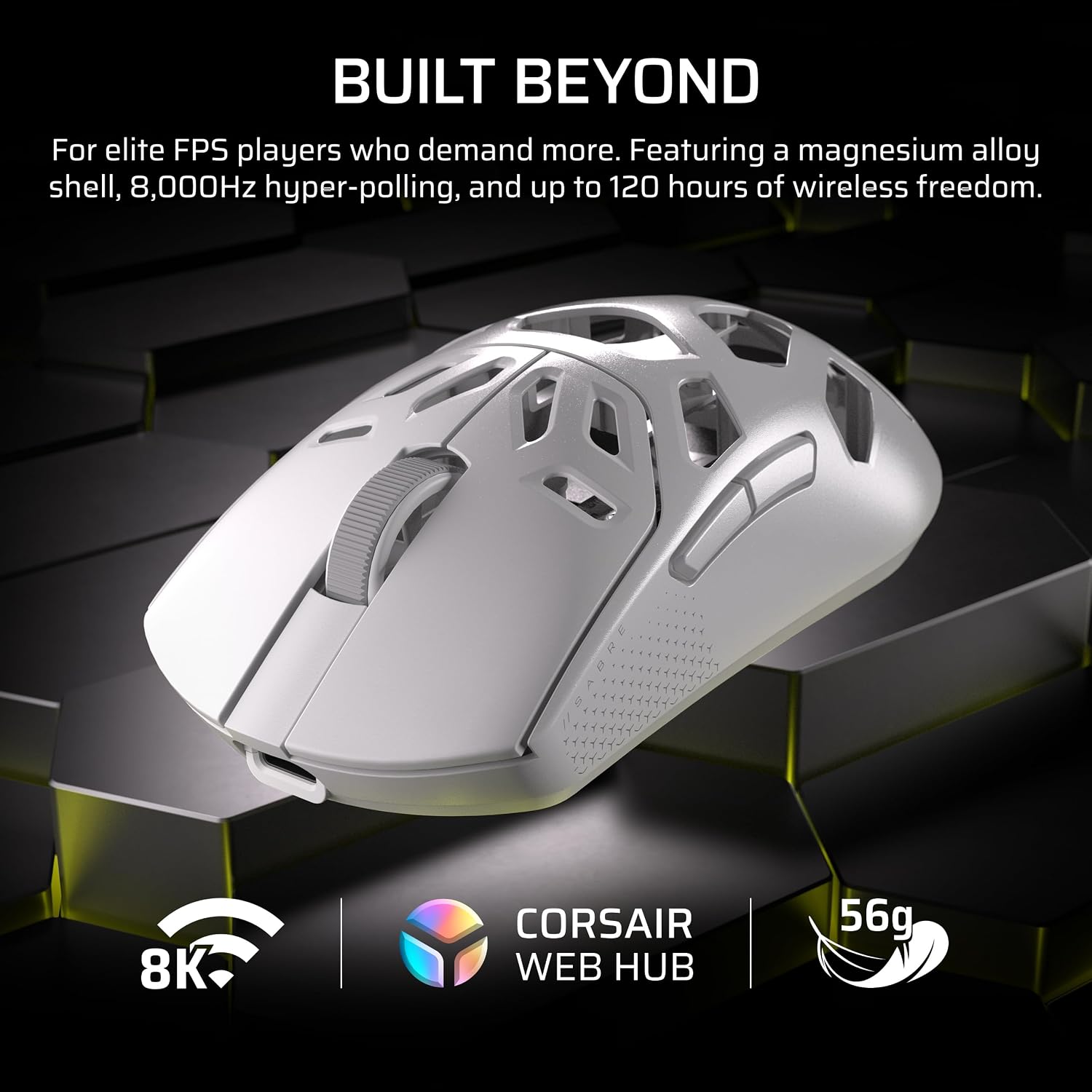 Corsair Sabre v2 PRO Wireless MG FPS Gaming Mouse – 33,000 DPI Marksman S Sensor, 8,000Hz Hyper-Polling, Durable Magnesium, Lightweight, Up to 120hr Battery – White