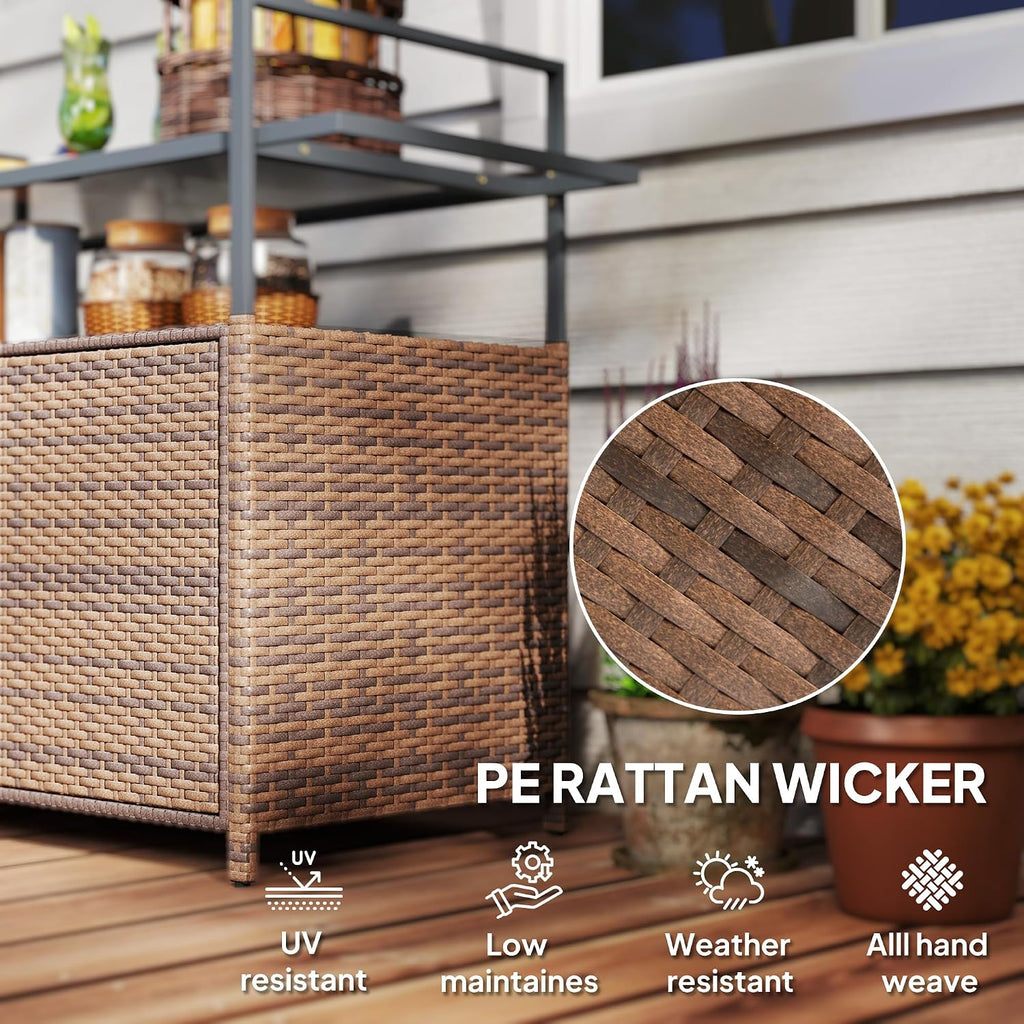 Outsunny PE Rattan Outdoor Storage Cabinet, Wicker Outdoor Bar Table Kitchen Island with Wheels & 2-Tier Shelf, Patio Serving Cart with Glass Top, Handles, Towel Racks for Poolside, Mixed Brown