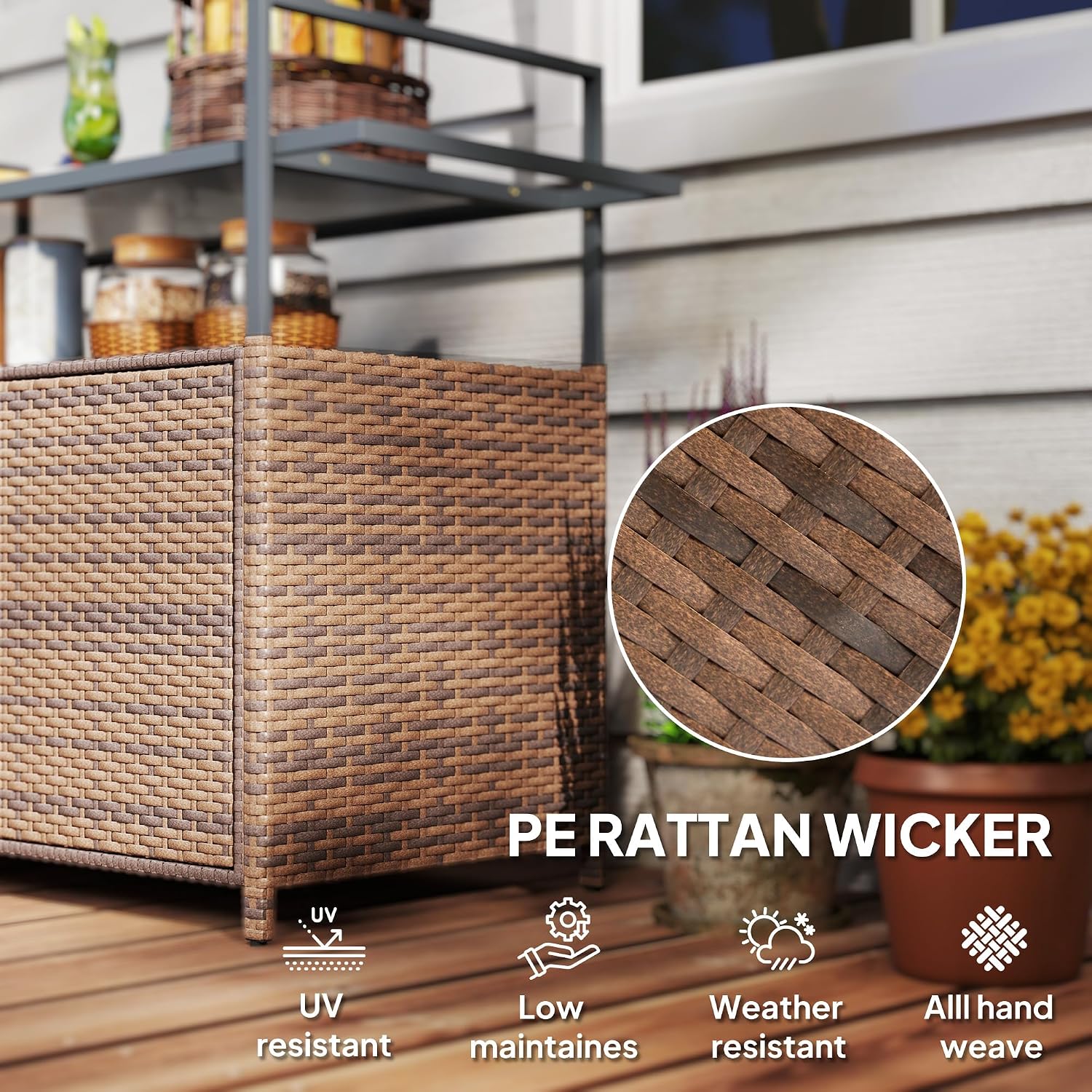 Outsunny PE Rattan Outdoor Storage Cabinet, Wicker Outdoor Bar Table Kitchen Island with Wheels & 2-Tier Shelf, Patio Serving Cart with Glass Top, Handles, Towel Racks for Poolside, Mixed Brown