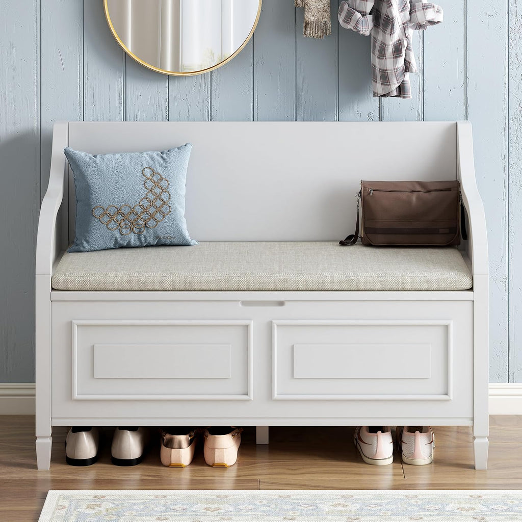 Bellemave Storage Bench with Safety Hinge Wooden Entryway Benches with Shoe Cabinets Under Seat Multifunctional Storage Bench for Entryway, Foyer or a Mudroom (White + Beige)