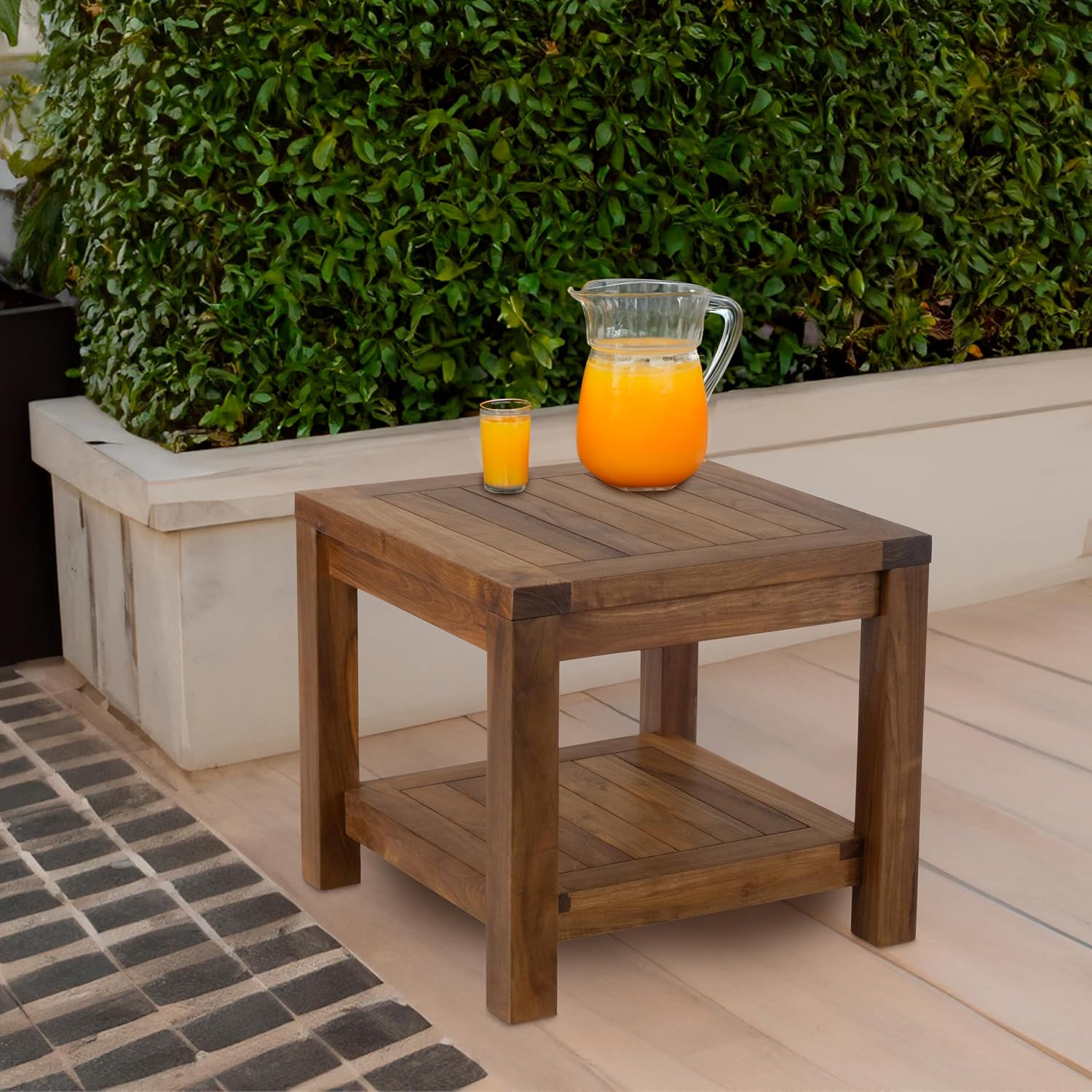 Teak Wood Side Table with Storage - Teak Oil Finish Indoor and Outdoor Wooden Furniture for Deck, Porch, Balcony, Living Room, Bedroom and Backyard (18' D x 18' W x 16' H)