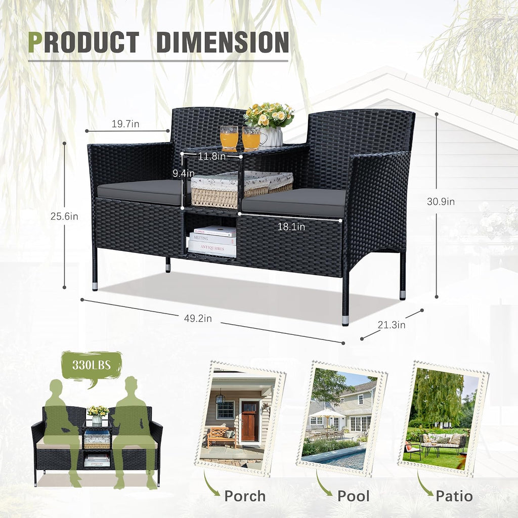 Greesum Patio Loveseat Outdoor Wicker Furniture Conversation Set with Soft Cushions & Built-in Coffee Table for Lawn Garden Backyard, Gray