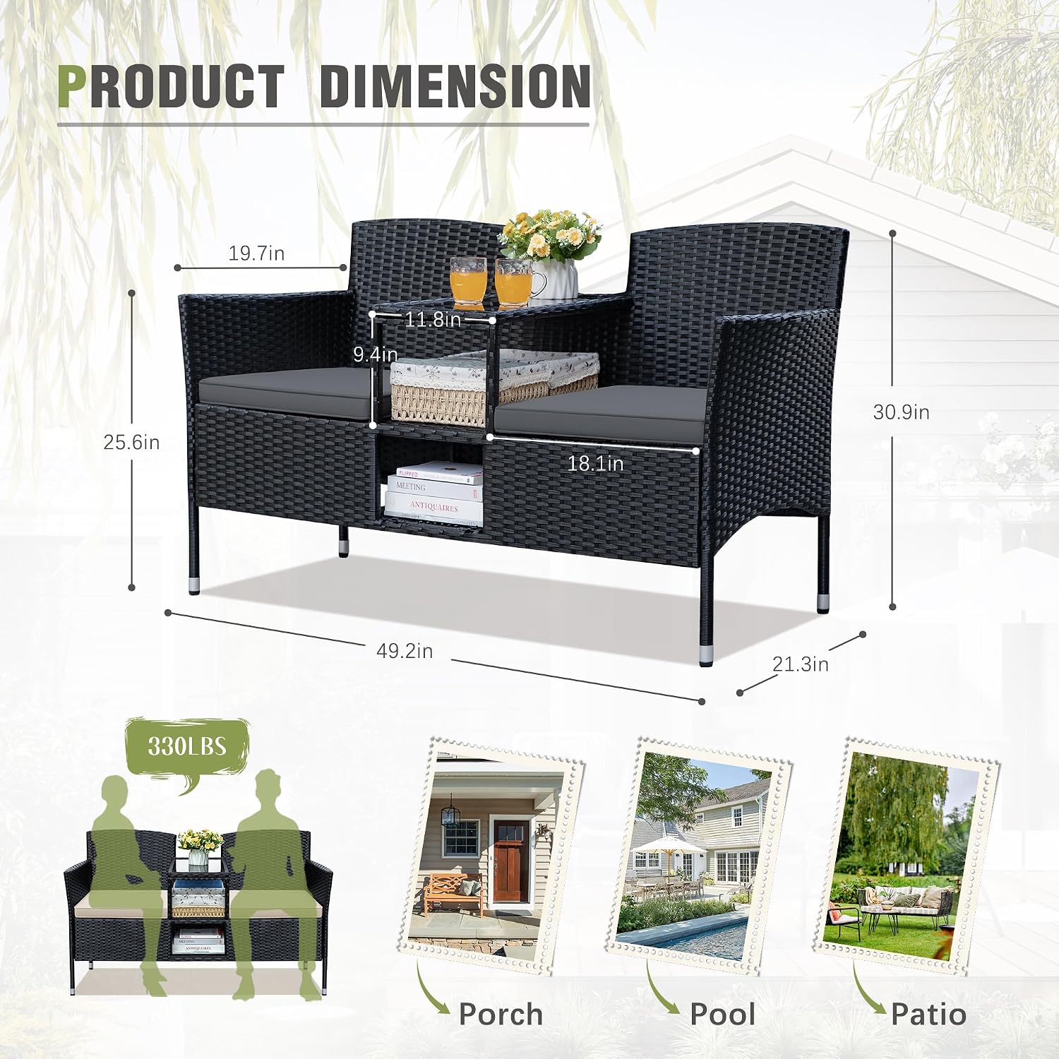 Greesum Patio Loveseat Outdoor Wicker Furniture Conversation Set with Soft Cushions & Built-in Coffee Table for Lawn Garden Backyard, Gray