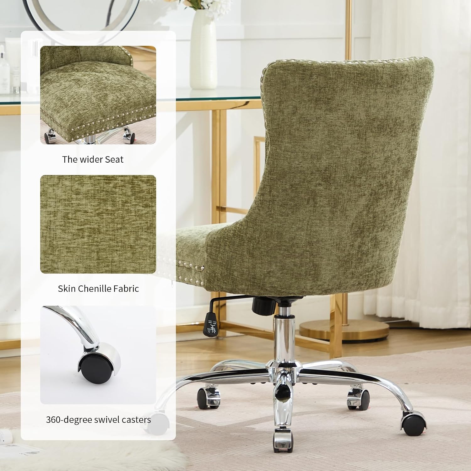 Home Office Chair with Wheels & Silver Base, Cute Chenille Fabric Makeup Vanity Chair with Tufted Back for Bedroom, Upholstered Adjustable Swivel Comfy Desk Chair for Girls Women, Green