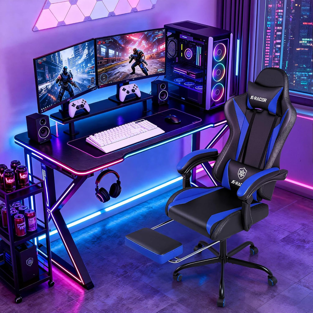 Homall Gaming Chair with Massage & Footrest, Ergonomic Computer Office Chair, High-Back Racing Style Reclining Chair with Adjustable Lumbar Support, PU Leather for Adults (Blue)