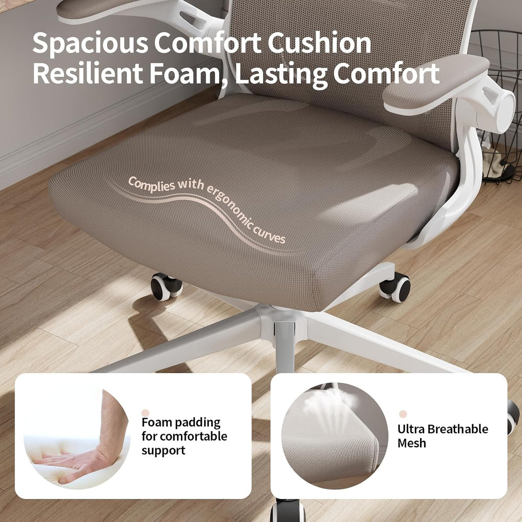 Office Chair Ergonomic Desk Chair with Lumbar Support&Headrest&Flip-up Arms Height Adjustable Rocking Swivel High Computer Chair Multi-Angle from 90° to 125° with 350LBS Capacity(White+Khaki-2)