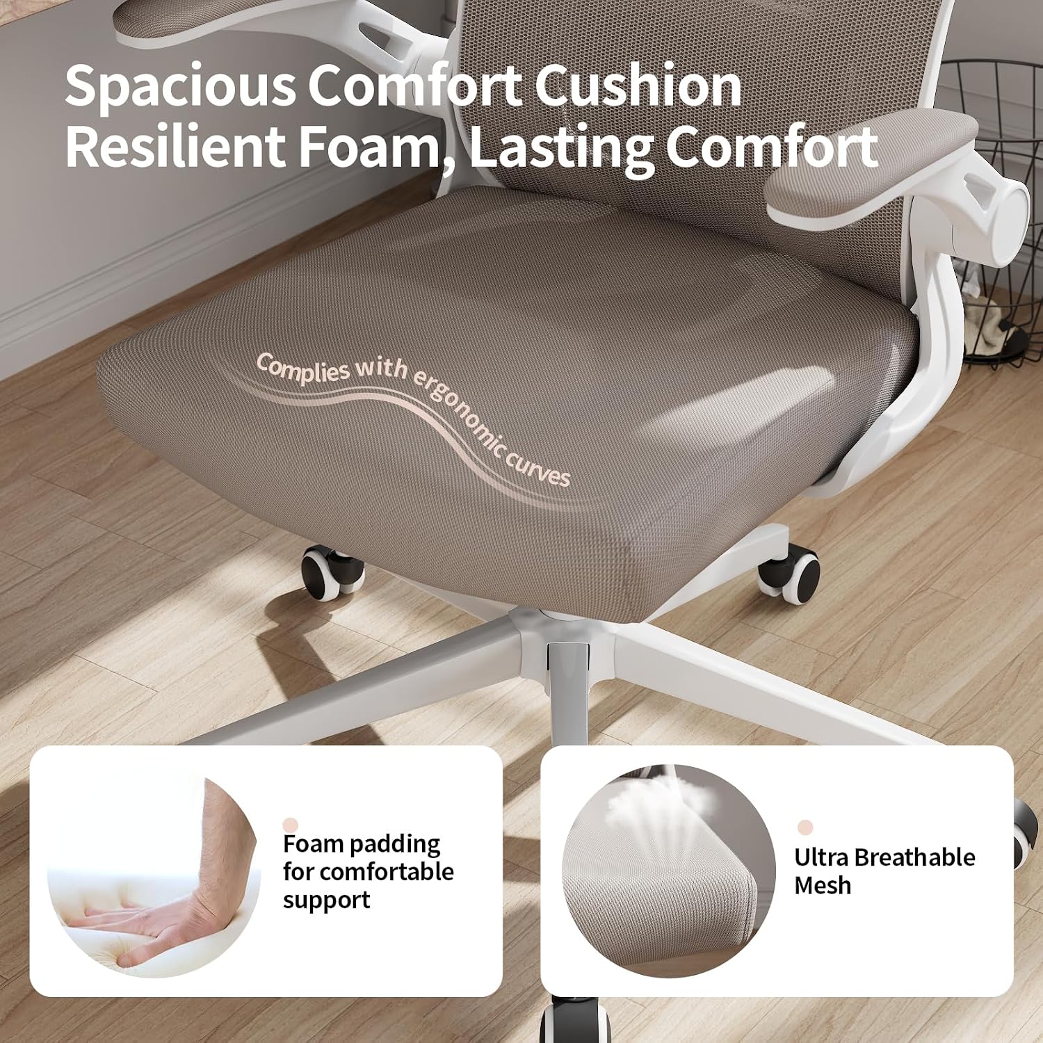 Office Chair Ergonomic Desk Chair with Lumbar Support&Headrest&Flip-up Arms Height Adjustable Rocking Swivel High Computer Chair Multi-Angle from 90° to 125° with 350LBS Capacity(White+Khaki-2)