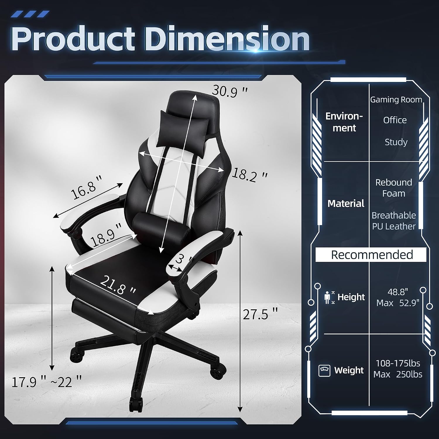 SUNLEI Gaming Chair for Adults, Ergonomic PU Leather Office Chair with Headrest & Footrest, Video Game Chairs with Massage Lumbar Support, Height Adjustable Computer Chair with 360° Swivel, White