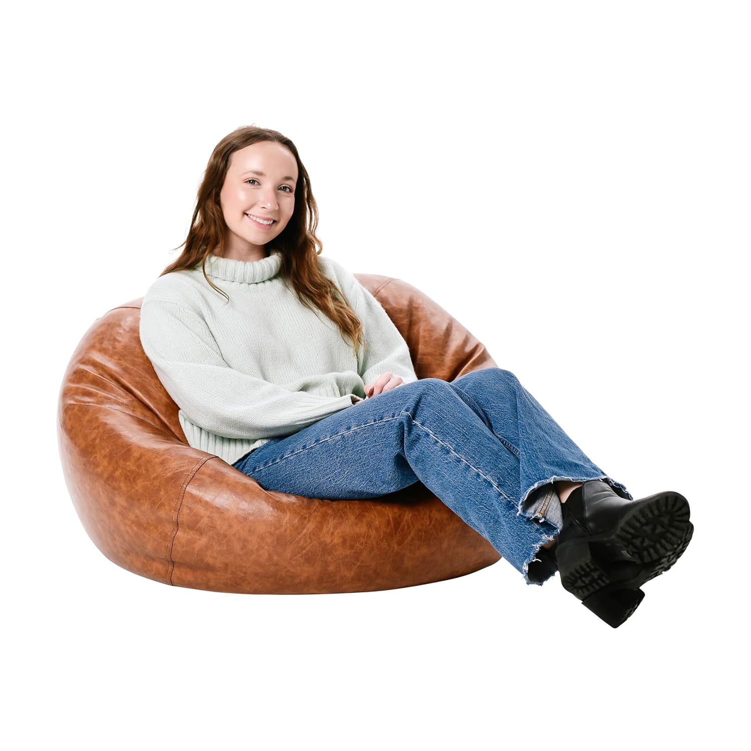 Factory Direct Partners 35' Rustic Western Bean Bag Chair Distressed Faux Leather, Low to Ground for Reading, Playing Video Games and Relaxing Flex Seating for Home and School - Hazelnut, 10478-322