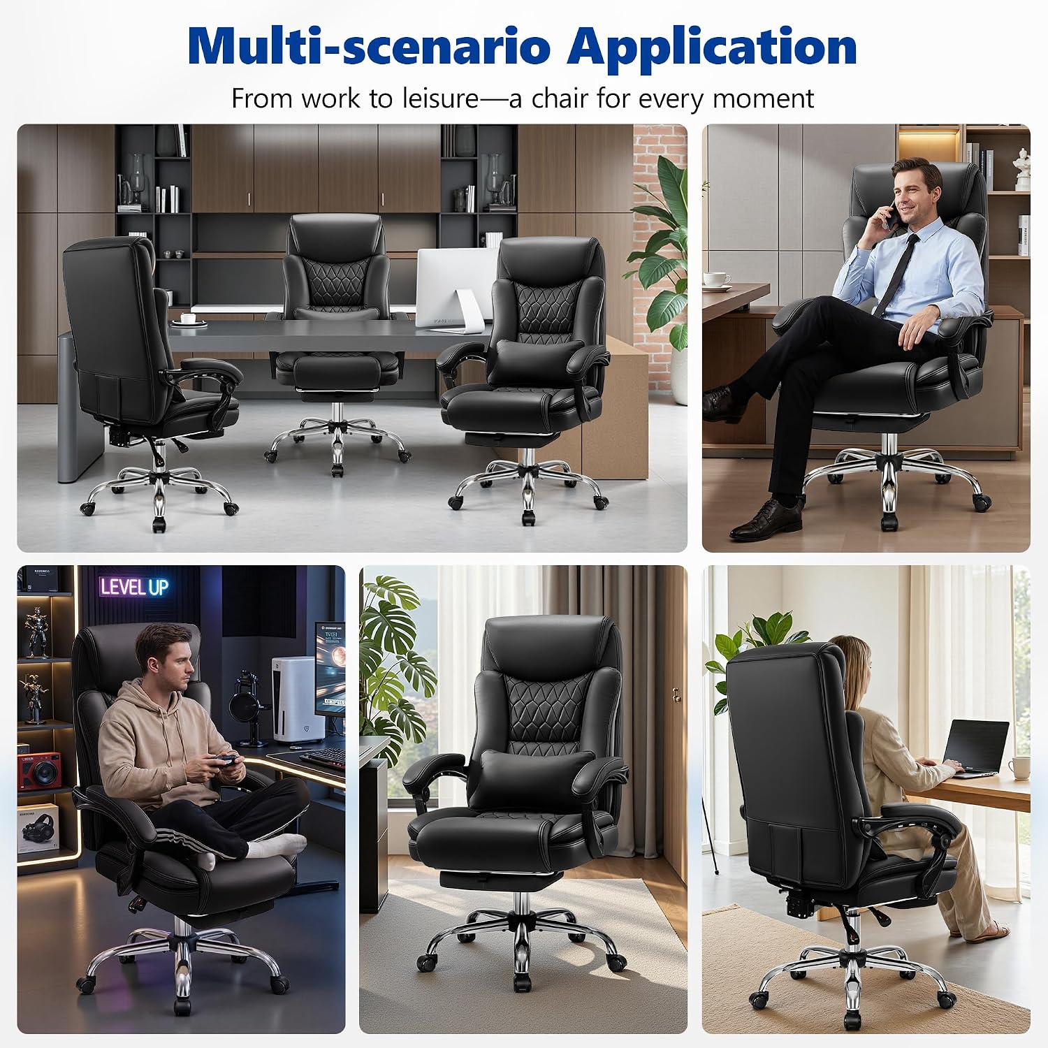 Big and Tall Office Chair 400lbs - Wide Memory Foam Seat with Spring Pack, Reclining Executive Desk Chair with Footrest, Ergonomic Heavy Duty High Back Computer Chair, Black