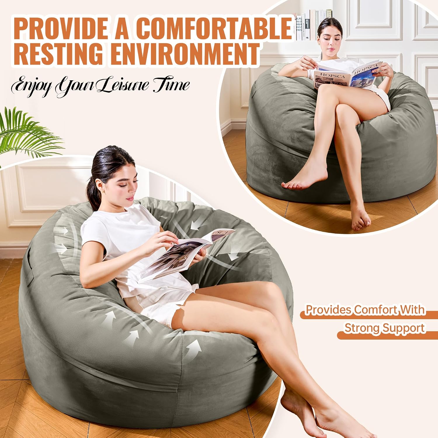 4FT Bean Bag Chair, Bean Bag Chairs for Adults and Kids, Fluffy and Comfy Bean Bag with Velvet Cover, Bean Bag with Memory Foam Filled for Gaming, Living Room, Playroom (Dark Grey)