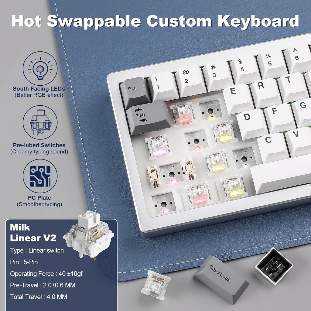 YUNZII AL68 Wireless Mechanical Keyboard,Full Aluminum CNC,60% Layout with Knob, QMK/VIA Software,Gasket Mounted,Hot Swappable,RGB Backlit,BT/2.4G/USB-C for Mac/Win (Silver, Milk V2)
