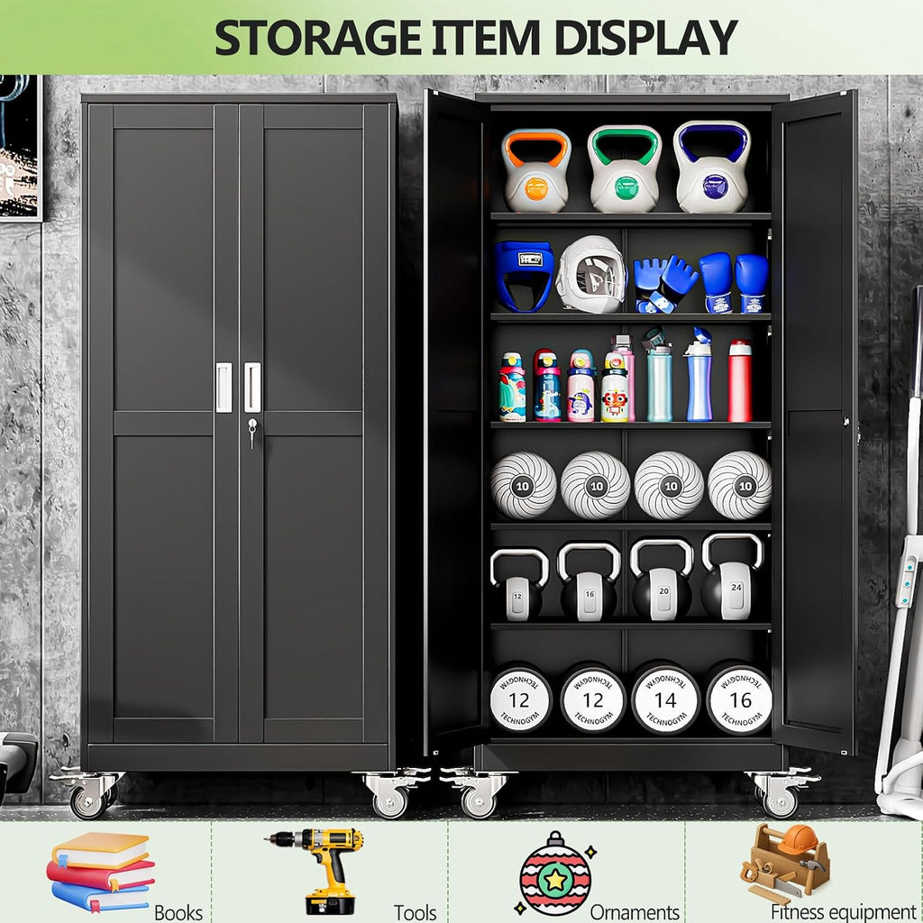 Metal Garage Storage Cabinets and storage system, 75'Tall Rolling utility cabinet with Wheels, Lock, 5 Adjustable Shelves, Heavy Duty Steel Tool Locker for Home Office, Utility Room, Gym,Black