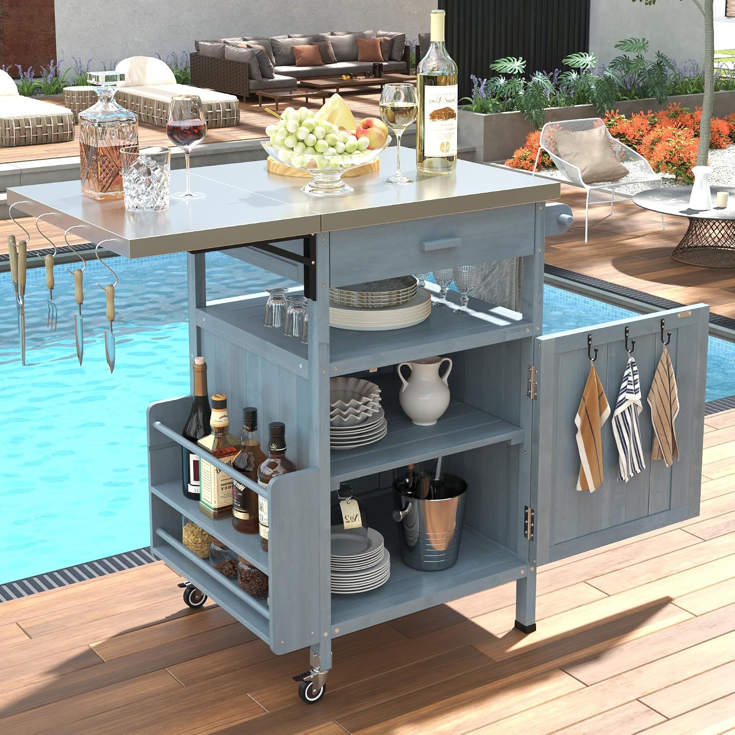 LUMISOL Outdoor Rolling Kitchen Island with Drop Leaf, 40.5' Solid Wood Outdoor Grill Table with Stainless Steel Top, Drawer and Towel Rack, Outdoor Storage Cabinet with Lockable Wheels, Blue Grey