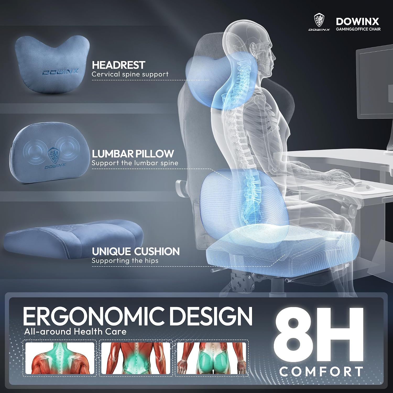 Dowinx Fabric Gaming Chair with Heated Massage Lumbar Support, Computer Game Chairs for Adults, Big Tall Gamer Chair with Pocket Spring Cushion and Footrest, Recliner Gaming Chairs for Adult,Blue