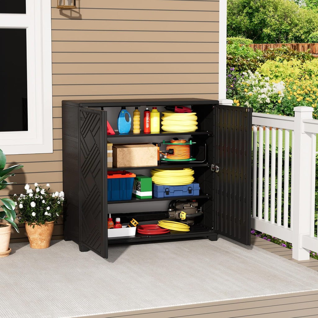 Mrosaa Outdoor/Indoor Storage Box,Resin and Plastic Storage Cabinet Waterproof,Outdoor Cabinet for Patio/Garden/Balcony/Backyard/All Room(with 3 Shelves)-Black