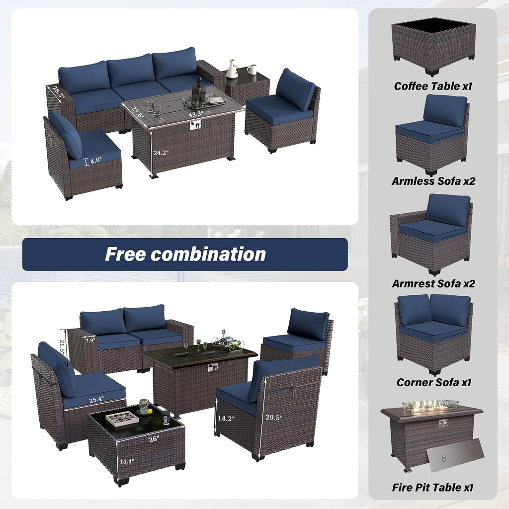 Kurapika 7 Pieces Patio Furniture Set, Rattan Wicker Outdoor Conversation Sets w/43in Propane Fire Pit Table and 4 Inch Cushion(Navy Blue)