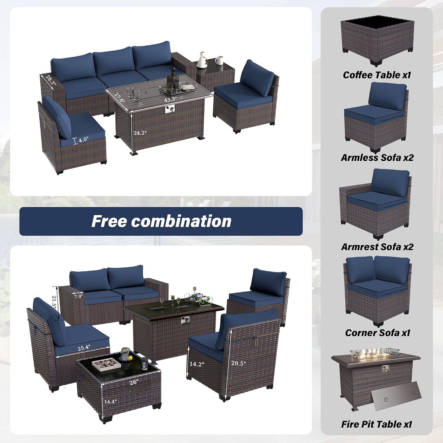 Kurapika 7 Pieces Patio Furniture Set, Rattan Wicker Outdoor Conversation Sets w/43in Propane Fire Pit Table and 4 Inch Cushion(Navy Blue)