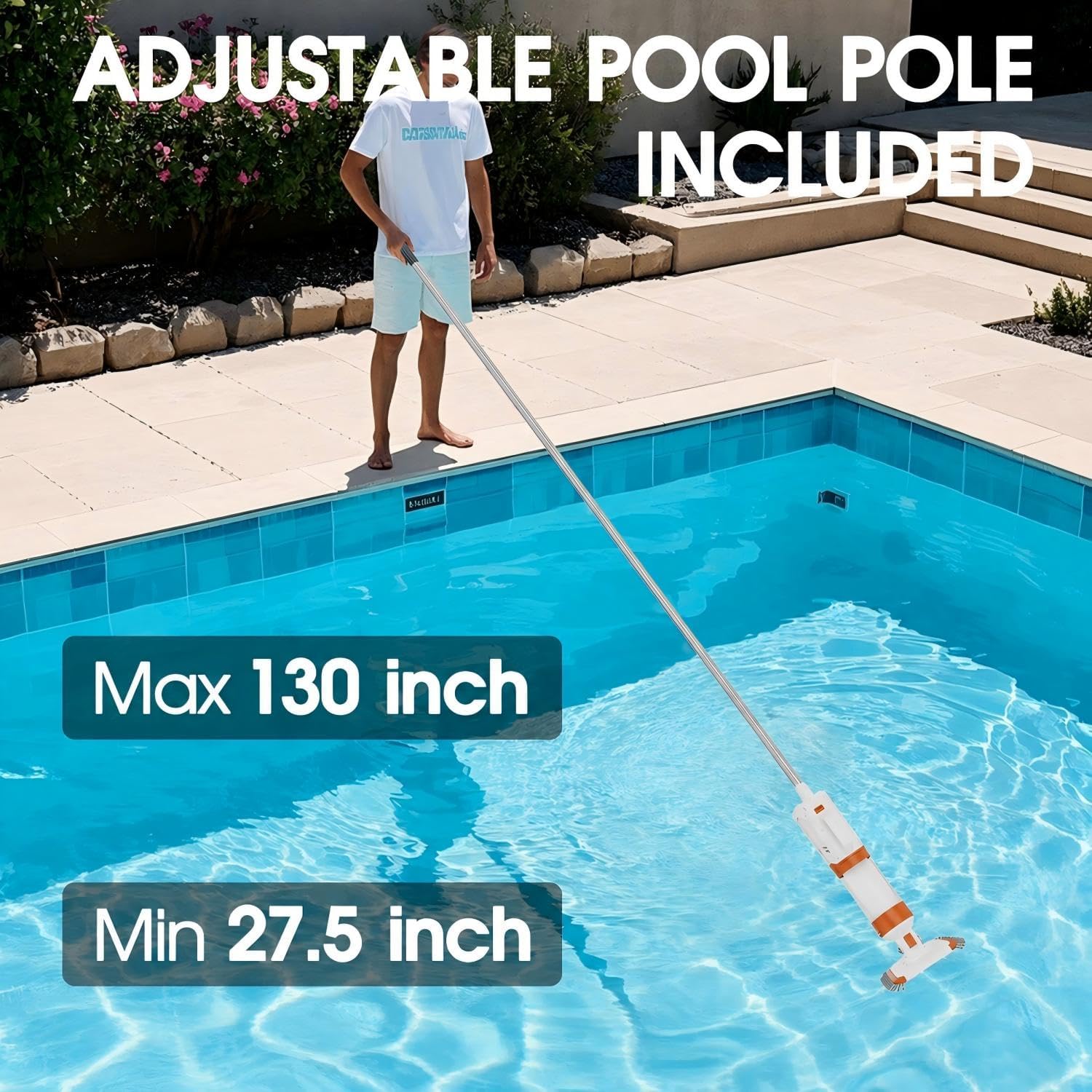 Cordless Pool Vacuum-True Powerful Suction 18.9GPM, 130inch, 1H Runtime, 25µm Fluff Ultra Fine Filter,Handheld Rechargeable Hot Tub Cleaner with Poles for Above Ground&Inground Pool