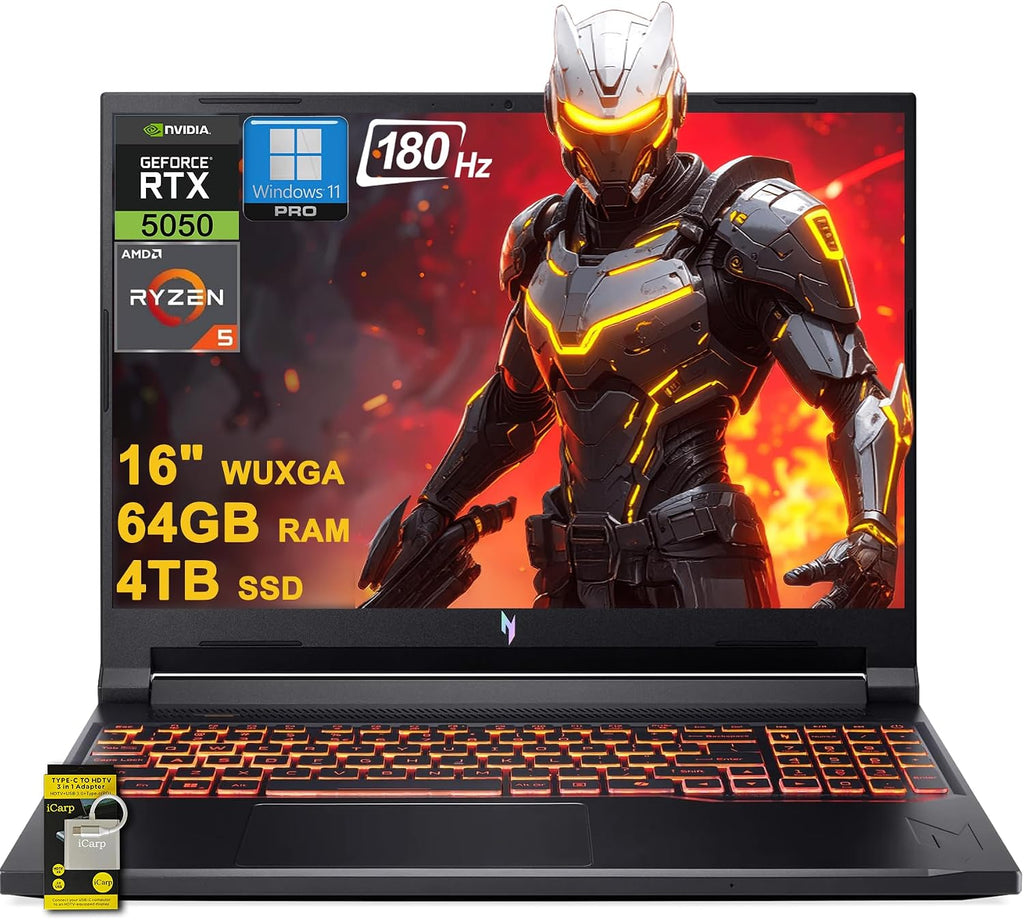 acer Nitro V 16 AI Gaming Laptop 16' WUXGA IPS 180Hz AMD Zen 4 6-core Ryzen 5 240 64GB DDR5 4TB SSD GeForce RTX 5050 (Up to 421 AI Tops) Backlit Win11Pro w/ICP Hub