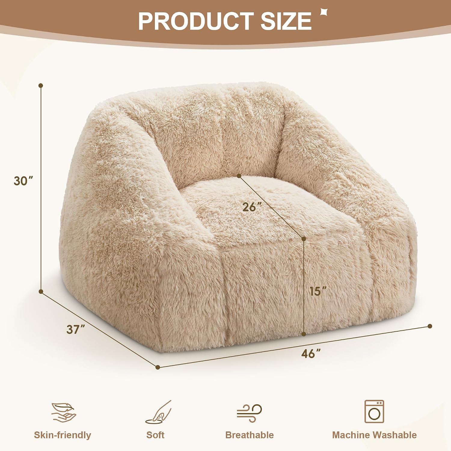 Hobestluk Giant Bean Bag Chair Memory Foam Filled Sofa Chair Bean Bag for Adults/Teens/Kids, Plush Fur Oversized Lazy Sofa for Living Room Bedroom Dorm(Beige)