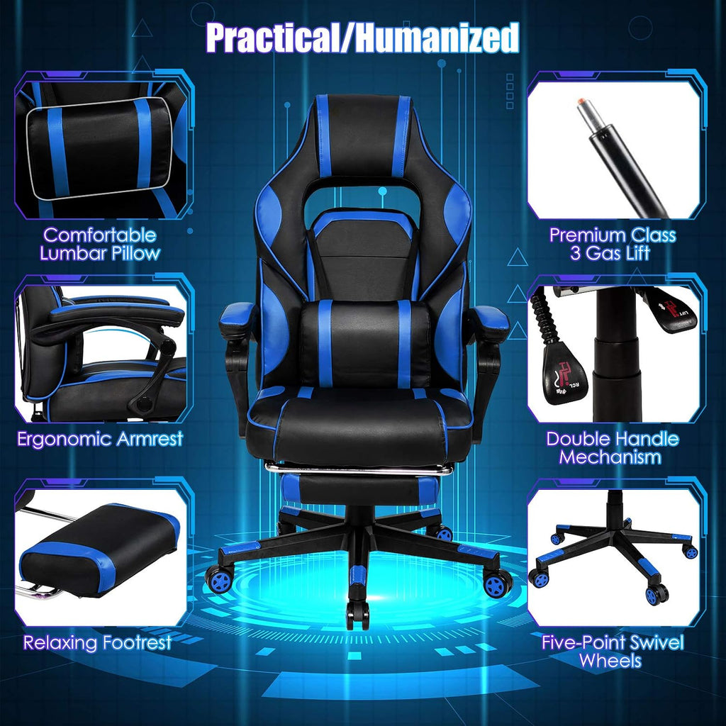 Giantex Ergonomic Gaming Chair, Executive Computer Office Chair with USB Massage Lumbar Cushion and Retractable Footrest, High Back Swivel Chair with Backrest and Height Adjustable (Blue)