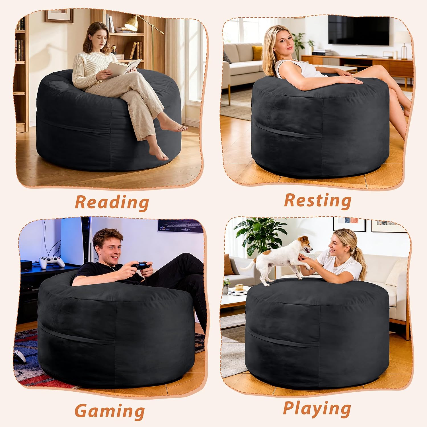 4FT Bean Bag Chair, Bean Bag Chairs for Adults and Kids, Fluffy and Comfy Bean Bag with Velvet Cover, Bean Bag with Memory Foam Filled for Gaming, Living Room, Playroom (Black - Taller version)