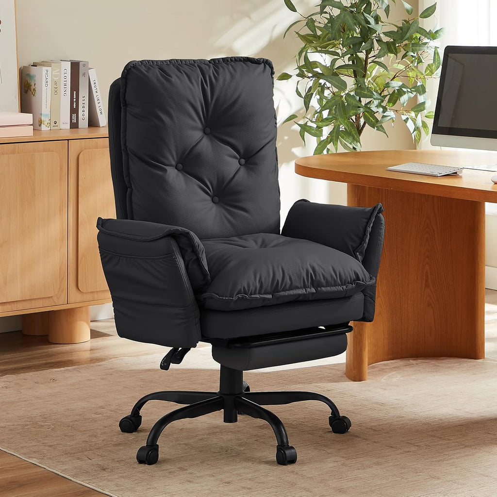 Bestier Cross Legged Office Chair with Footrest, High Back Criss Cross Chair with Reversible Armrests and Wheels, Big and Tall Reclining Office Chair for Home PU Leather Black