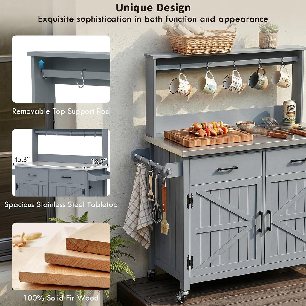 LUMISOL Grill Cart with Stainless Steel Top & High Shelf, Outdoor Solid Wood Kitchen Island with Lockable Wheels, Large Potting Bench Table with Storage Cabinet & Towel Rack, Grey+Blue