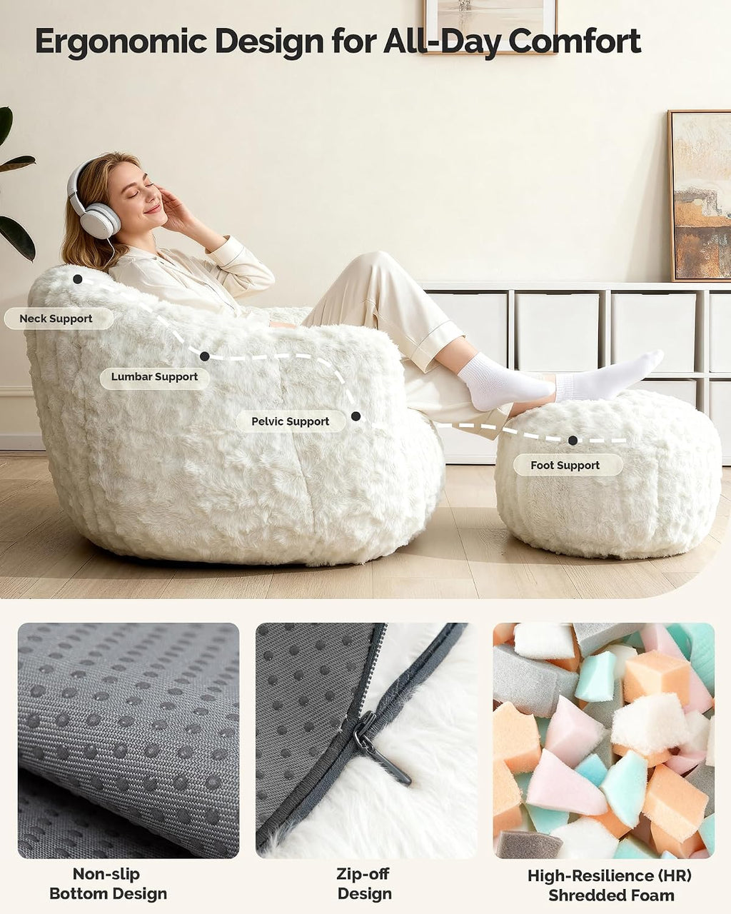 KINGYES Giant Bean Bag Chair with Ottoman, 3 in 1 Bean Bag Couch with Memory Foam Filler,Gaming Chair for Adults, Bean Bag for Kids & Teen, Beige