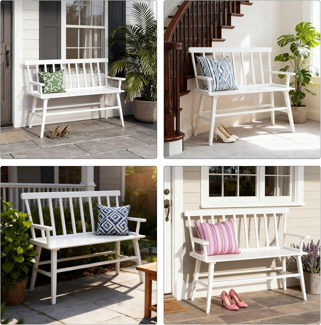 Dining Bench for Kitchen & Dining Room – Bamboo Wood Bench with Spindle Back & Armrests, Farmhouse Entryway Bench, Indoor Bedroom Bench, Versatile Entry Bench & Outdoor Bench Seating（White with Arm）
