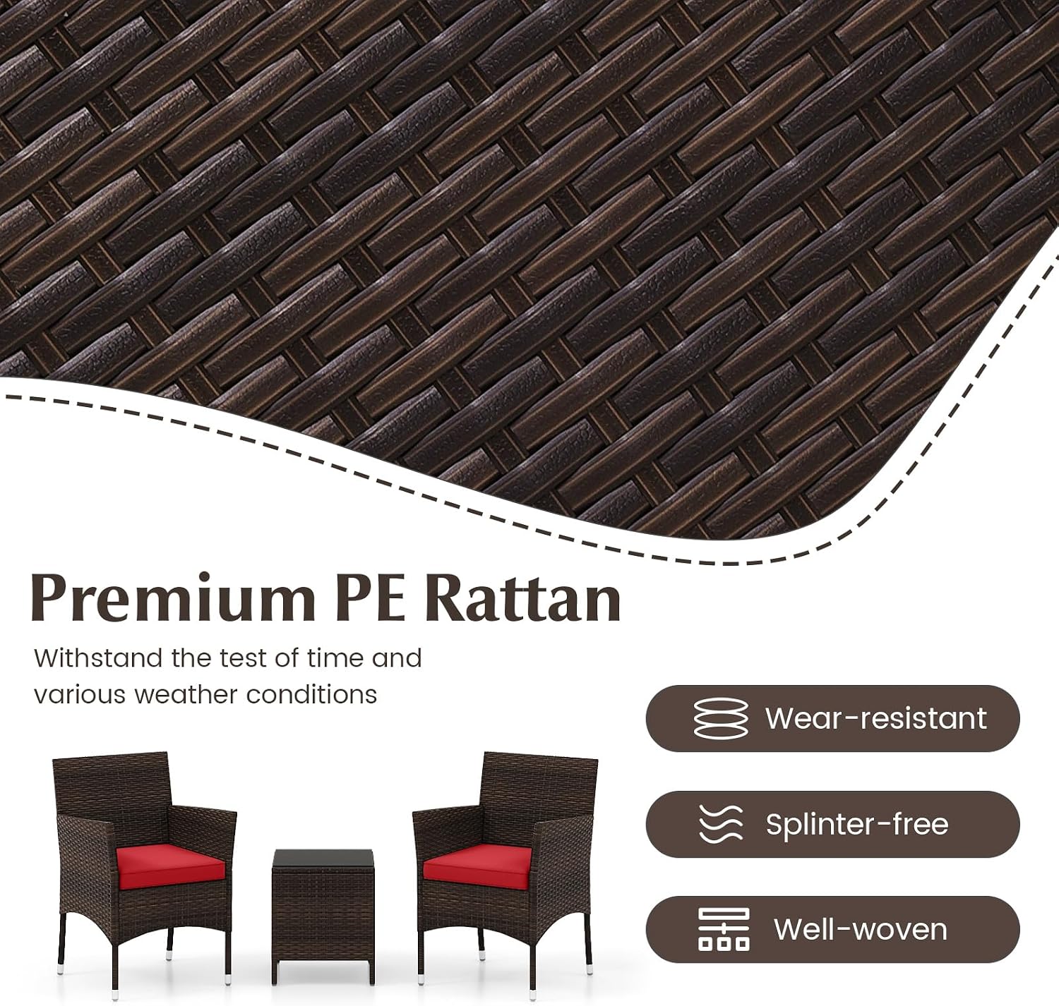 HAPPYGRILL 3PCS Patio Furniture Set Wicker Bistro Set with Glass Coffee Table & Cushions Outdoor Rattan Conversation Set for Garden Lawn Poolside Backyard